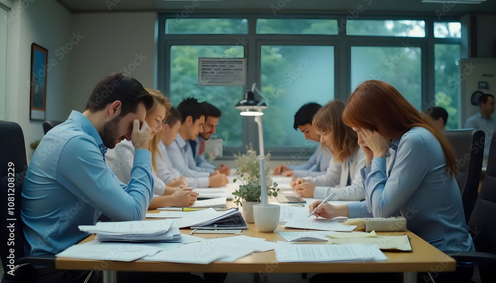 A scene of employees at desks piled with paperwork, highlighting stress, workload, and the demands of the job A scene of employees at desks piled with paperwork, highlighting stress, workload, and the demands of the job