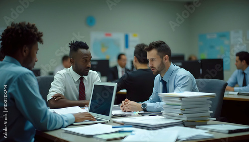 A scene of employees at desks piled with paperwork, highlighting stress, workload, and the demands of the job