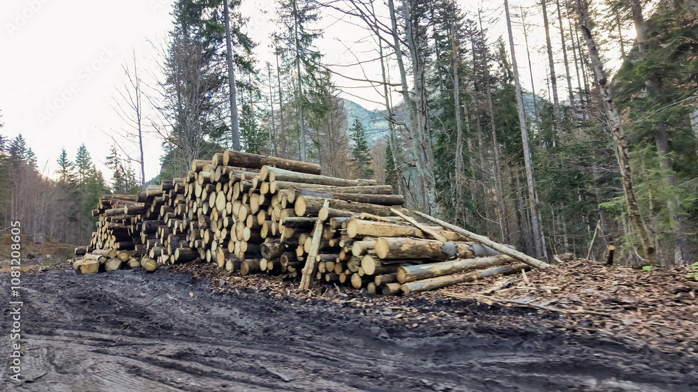 Stacked logs in a forest clearing highlight deforestation and environmental issues, emphasizing sustainable forestry practices and Earth Day awareness Stacked logs in a forest clearing highlight deforestation and environmental issues, emphasizing sustainable forestry practices and Earth Day awareness