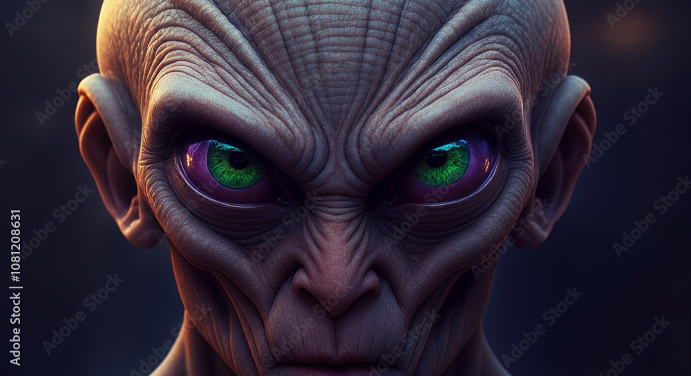 Mysterious alien face with piercing eyes in futuristic lighting Mysterious alien face with piercing eyes in futuristic lighting