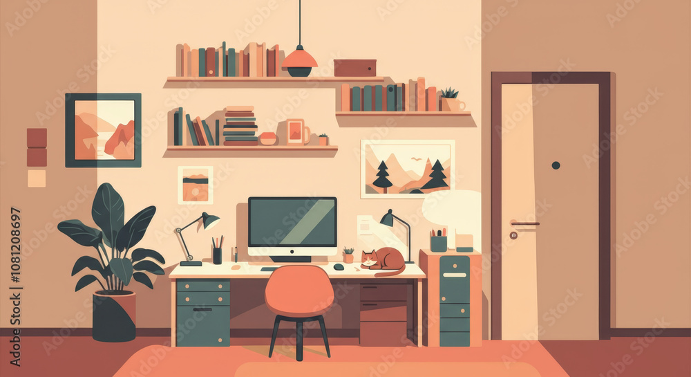 Cozy home office with cat and minimalist decor Cozy home office with cat and minimalist decor