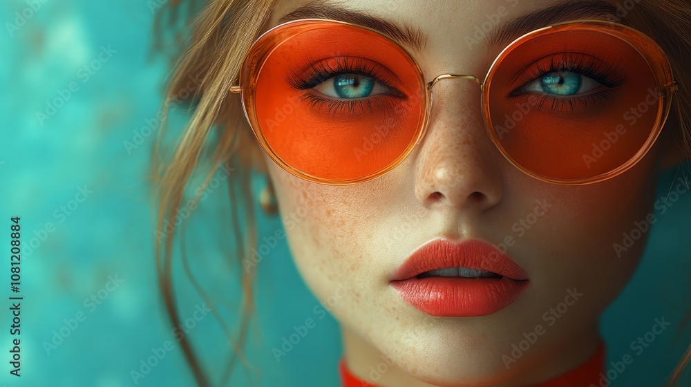 Orange Round Sunglasses: Close up portrait of a young woman with freckles and blue eyes wearing bright orange round sunglasses. The background is blurred and a soft blue color. Orange Round Sunglasses: Close up portrait of a young woman with freckles and blue eyes wearing bright orange round sunglasses. The background is blurred and a soft blue color.