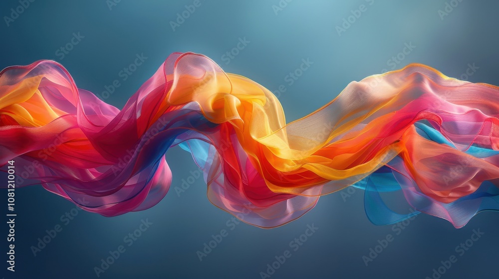 Fototapeta premium Brightly colored fabric blowing in the wind against a blue background, banner