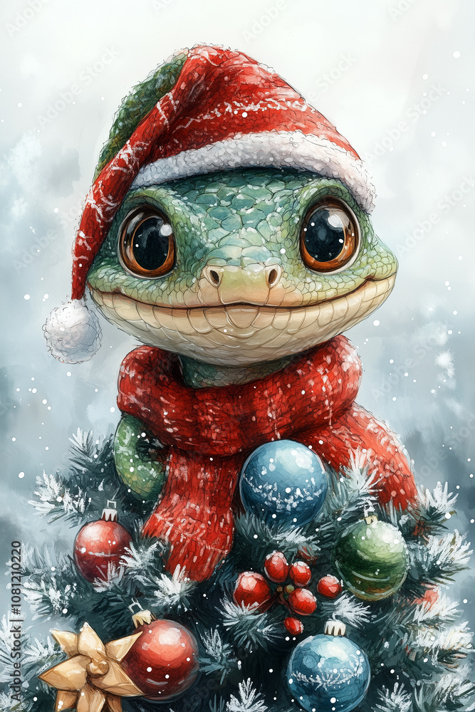 Snake in a red hat and a scarf. New Year's postcard with snake and a Christmas tree. Symbol of 2025 Snake in a red hat and a scarf. New Year's postcard with snake and a Christmas tree. Symbol of 2025