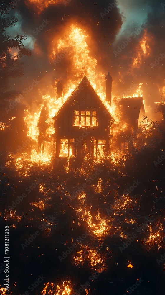 Intense flames and dense smoke overwhelming a large house structure picture Intense flames and dense smoke overwhelming a large house structure picture