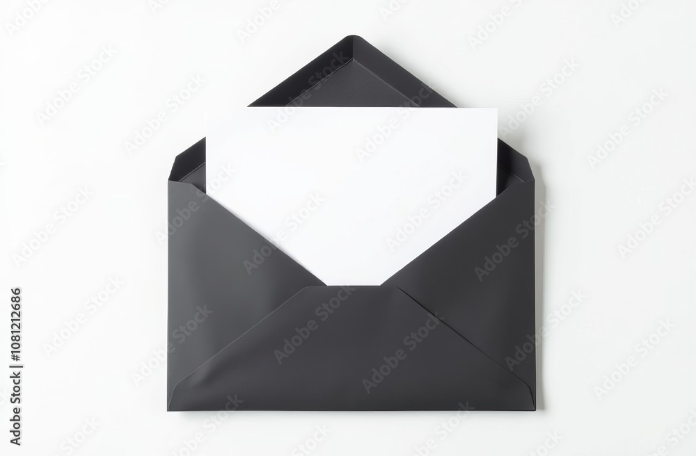 Black envelope with white paper on a white background. Mockup