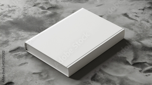 white, rectangular box lies on a gray textured surface