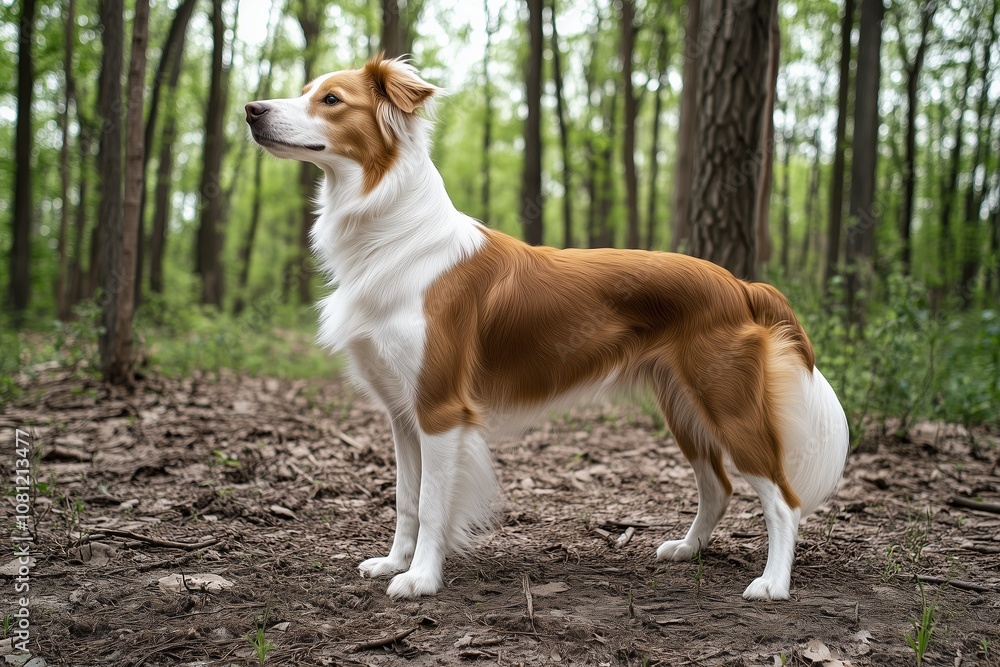 A brown and white dog is standing in a forest A brown and white dog is standing in a forest