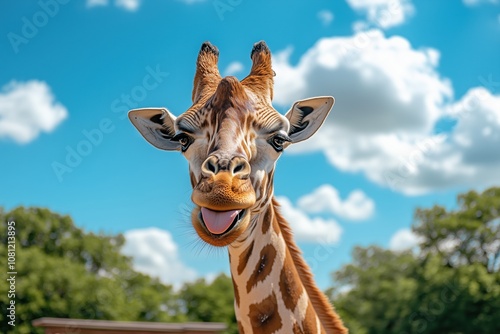 A giraffe is smiling and sticking its tongue out in front of a blue sky