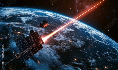 Fototapeta Naklejka Na Ścianę i Meble -  Space military satellite, a weapon in space shoots a laser against the background of the earth.