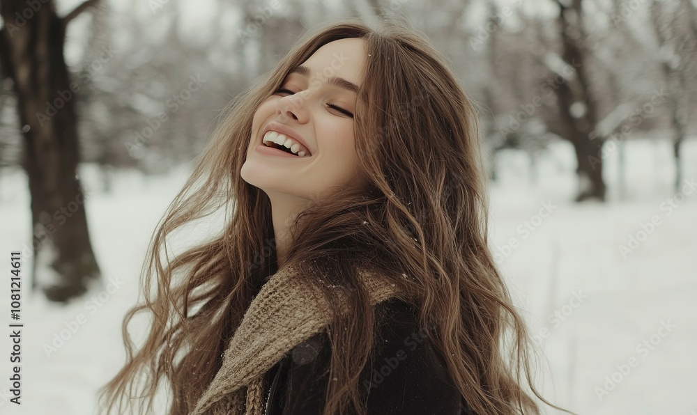 Spectacular long-haired woman laughing while posing on snow background. Spectacular long-haired woman laughing while posing on snow background.