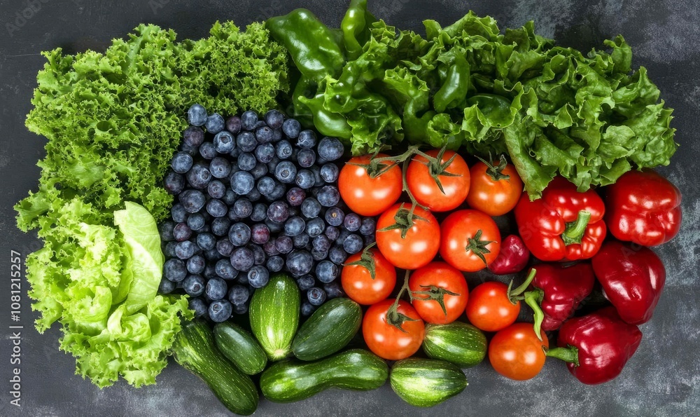 Top view photo of different fresh vegetables, berries and greens on the surface. Top view photo of different fresh vegetables, berries and greens on the surface.