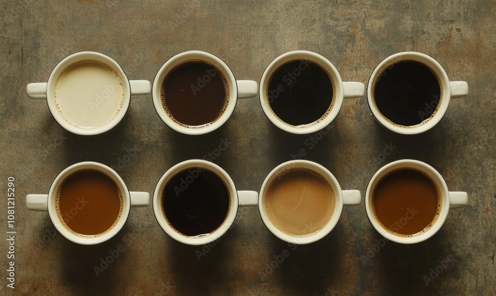 Overhead image of six cups of coffee Overhead image of six cups of coffee