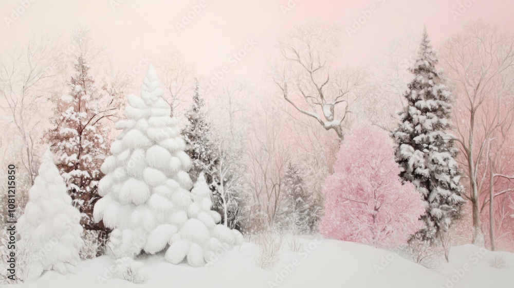 Snow-covered trees create a serene winter wonderland under a soft pink sky, AI Snow-covered trees create a serene winter wonderland under a soft pink sky, AI