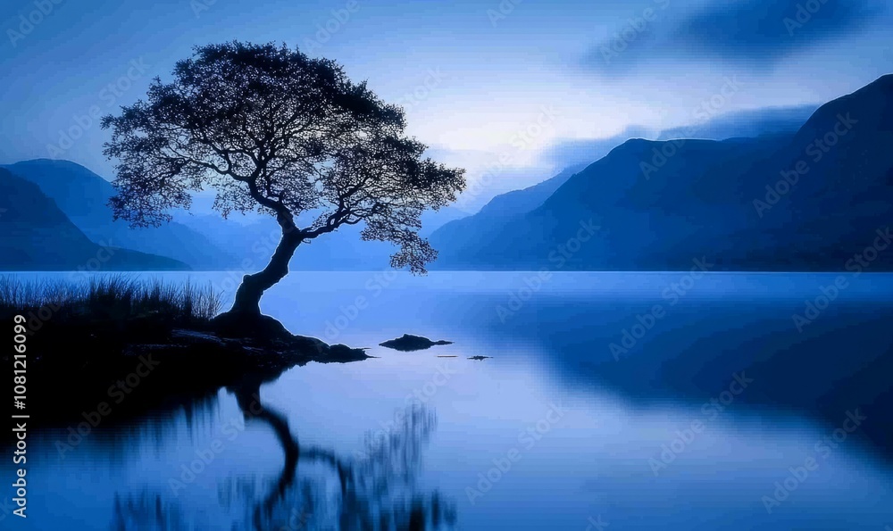 Twilight silhouette of lone tree by water Twilight silhouette of lone tree by water