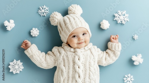 Adorable baby in a cozy knit outfit surrounded by snowflakes on a blue background, AI