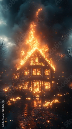 Thick smoke and raging flames engulfing the entire structure of house picture