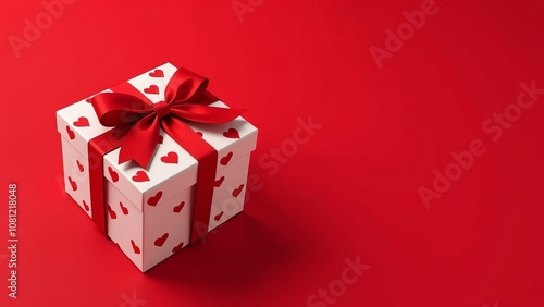 Gift box for Valentine's day with hearts print on red background with space for text