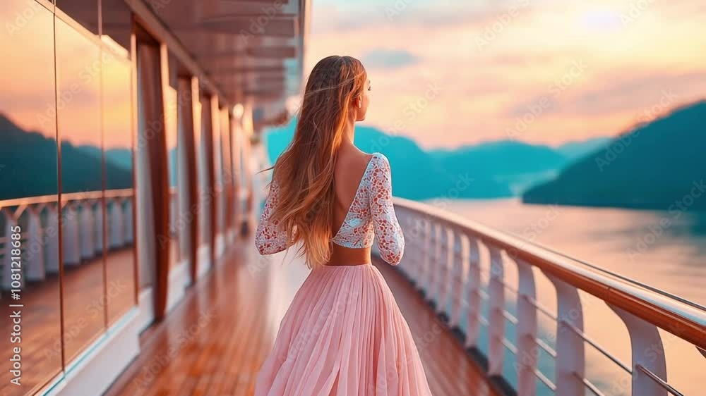 woman walking on cruise ship deck at sunset, warm light bathing the scene woman walking on cruise ship deck at sunset, warm light bathing the scene