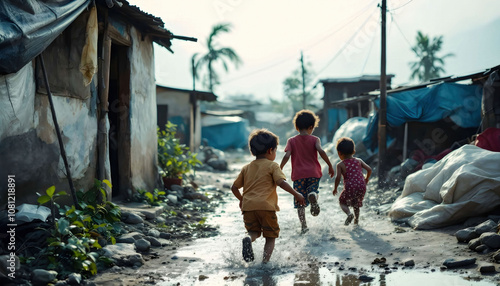 Children playing in a makeshift community, highlighting the challenges of living in inadequate conditions and the resilience of youth.