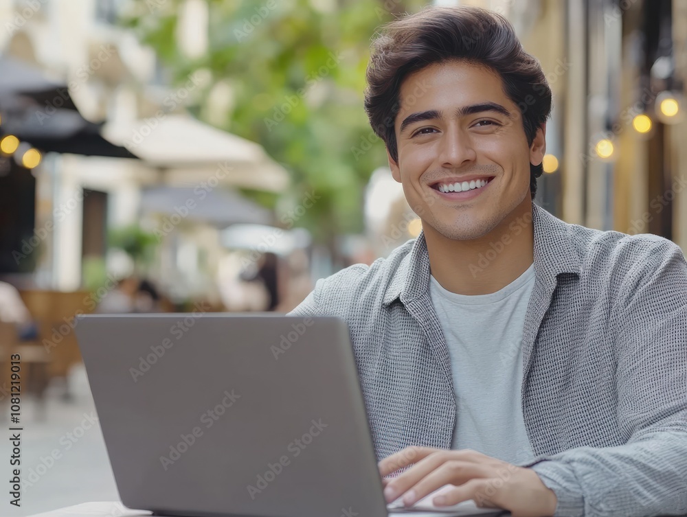 Smiling young Latin business man using laptop sitting outdoor. Happy guy student or professional looking away in city cafe elearning, hybrid working, searching job online thinking, Generative AI Smiling young Latin business man using laptop sitting outdoor. Happy guy student or professional looking away in city cafe elearning, hybrid working, searching job online thinking, Generative AI