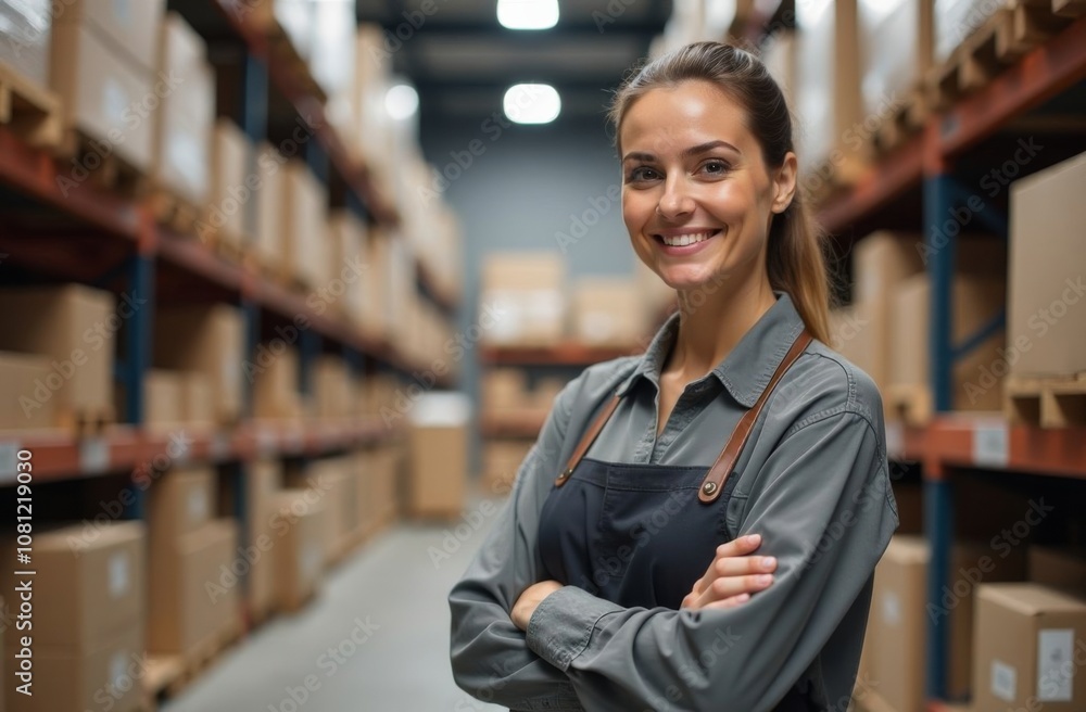 Woman with glasses in warehouse background Woman with glasses in warehouse background