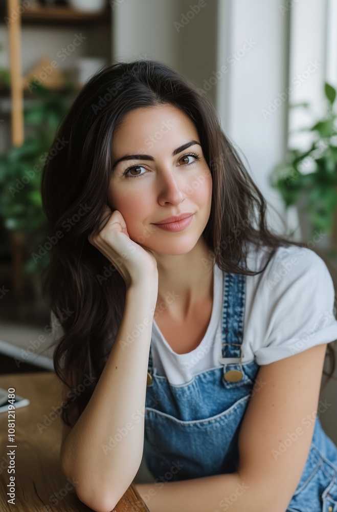 A woman with long brown hair and blue overalls is sitting at a table A woman with long brown hair and blue overalls is sitting at a table