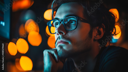 Man with Glasses in Neon Light for Urban Tech Themes