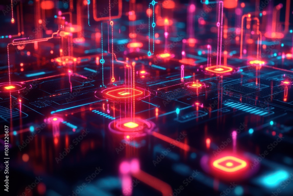 Abstract digital network with glowing red and blue lines and nodes. Abstract digital network with glowing red and blue lines and nodes.
