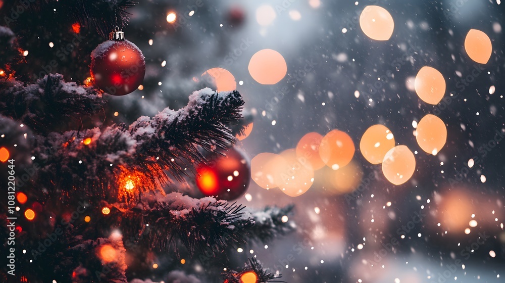 A decorated Christmas tree in a snowy setting with warm bokeh lights. A decorated Christmas tree in a snowy setting with warm bokeh lights.
