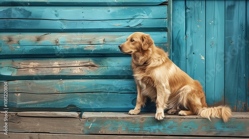 A beautiful golden retriever sits on a wooden porch, looking off to the side. The dog has a calm, serene expression on its face.