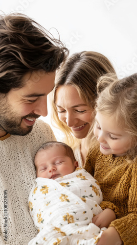 Happy family portrait: parents and siblings in studio setting