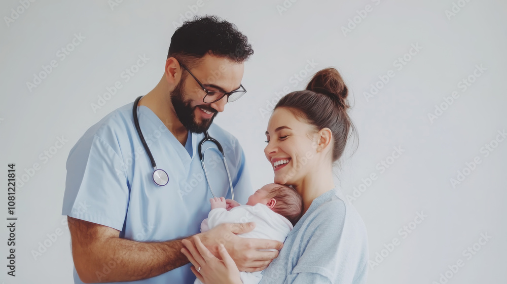 Caring medical professional with new family - healthcare and parenthood Caring medical professional with new family - healthcare and parenthood