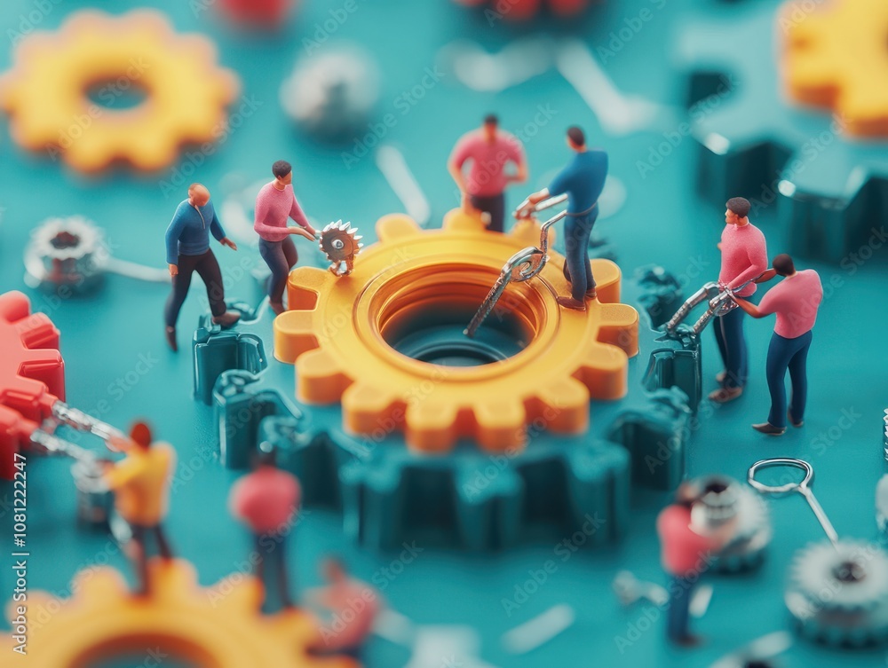 Fototapeta premium Team of people joining gears as metaphor for effective teamwork and finding working solution