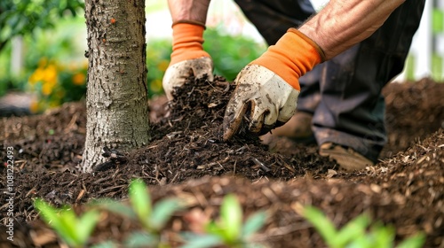 Male Gardener Spreading Mulch Around Tree Trunk. Concept of Outdoor Landscaping, Gardening, Sustainable Practices, Environmental Care