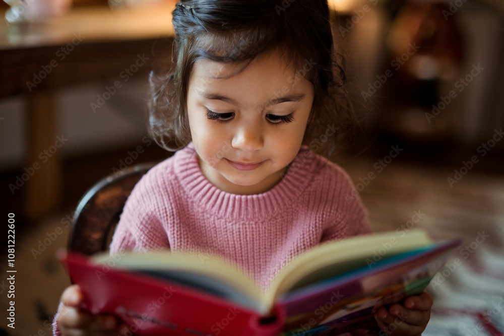 A young girl is deeply engrossed in a book, her face illuminated by warm light. Her expression is one of delight and concentration, capturing the magic of childhood learning and imagination. A young girl is deeply engrossed in a book, her face illuminated by warm light. Her expression is one of delight and concentration, capturing the magic of childhood learning and imagination.