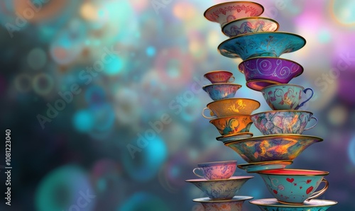 Topsy-Turvy Tea Cups Tower: A fun banner background of Mad Hatter Day depicting a precarious tower of stacked, teetering teacups ready to topple