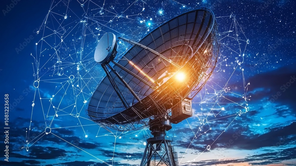 A large satellite dish against a starry sky, connected by a network of lines representing communication and data flow. A large satellite dish against a starry sky, connected by a network of lines representing communication and data flow.