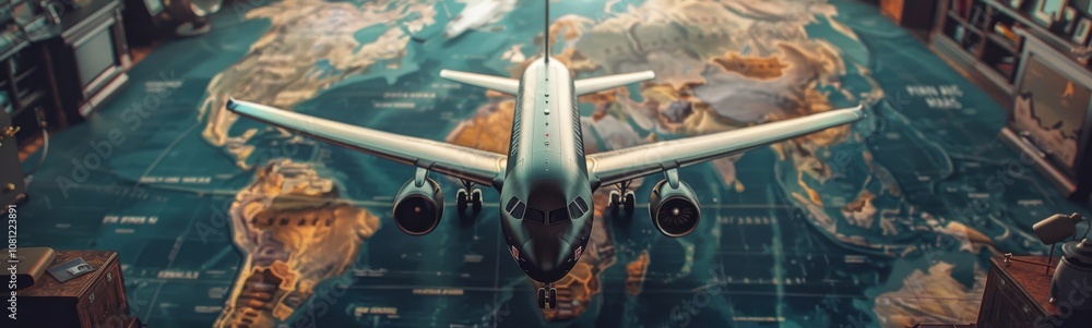 Fototapeta premium Model airplane that is flying over a map, travel concept, banner, copy space