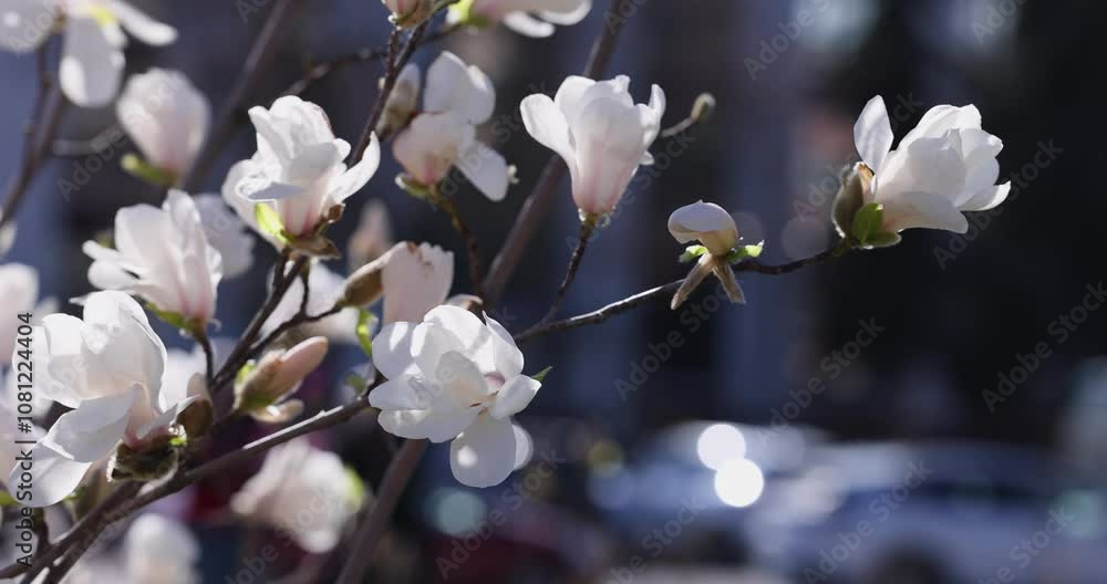 White magnolia flowers blooming near city street White magnolia flowers blooming near city street