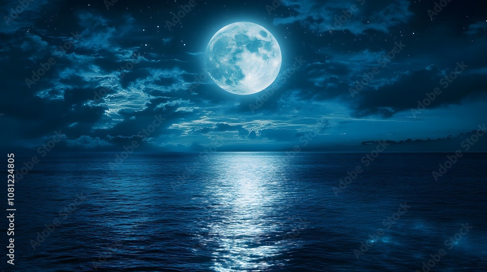 Moonlit ocean scene reflecting vibrant blues and serene clouds. Moonlit ocean scene reflecting vibrant blues and serene clouds.