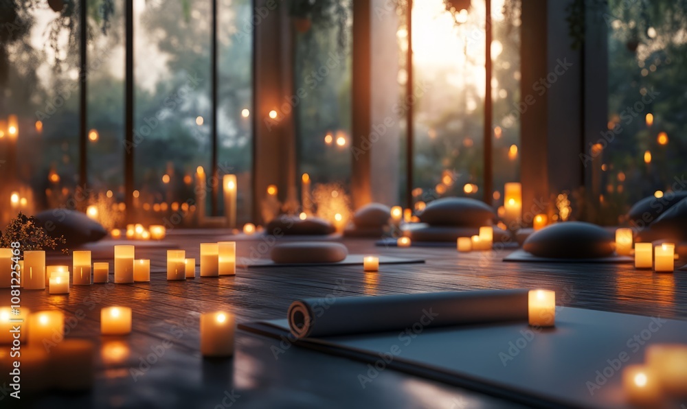 Serene yoga studio interior with a rolled-out yoga mat in the foreground. The room is softly lit with numerous candles and cushions are scattered across the floor Serene yoga studio interior with a rolled-out yoga mat in the foreground. The room is softly lit with numerous candles and cushions are scattered across the floor
