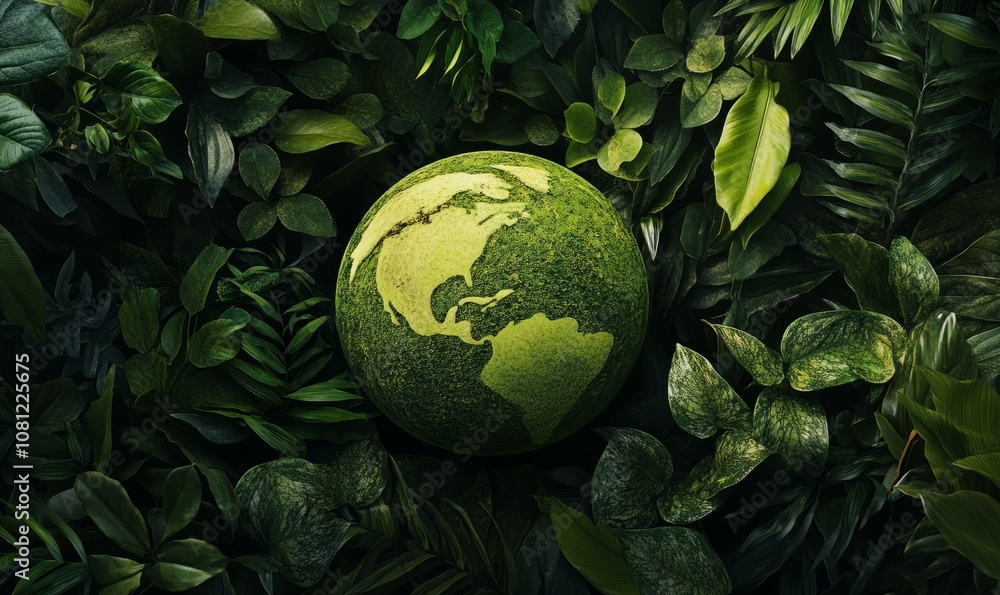 vibrant green globe surrounded by lush foliage symbolizes environmental sustainability and natures vibrant green globe surrounded by lush foliage symbolizes environmental sustainability and natures