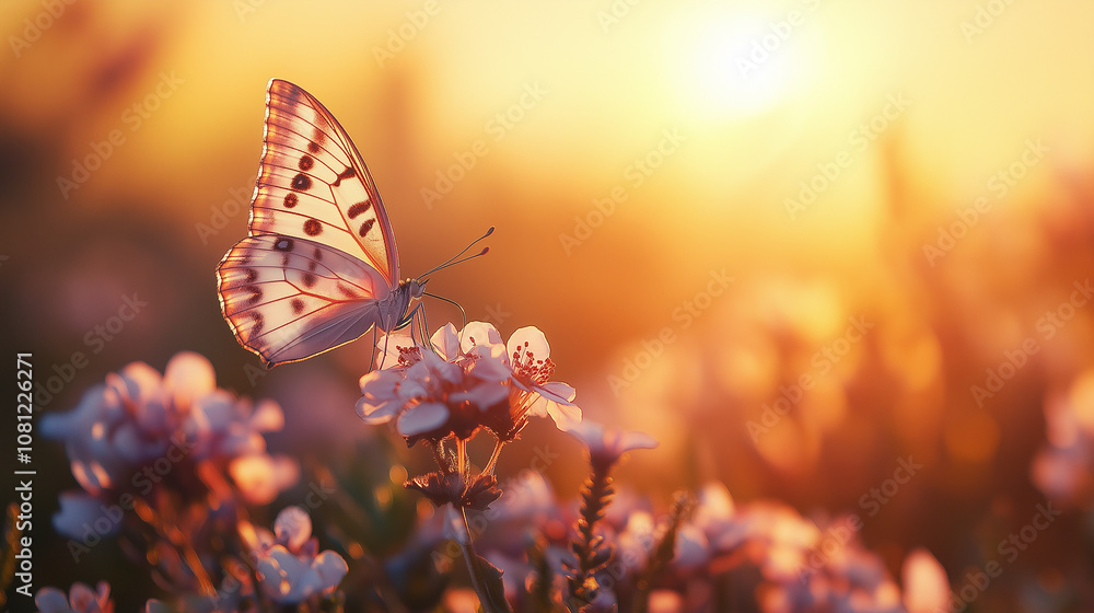 Obraz premium white butterfly rests on pink flowers at sunset. Warm colors