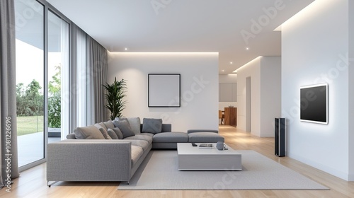 Home digital technology concept. Modern Living Room with Smart Technology Features