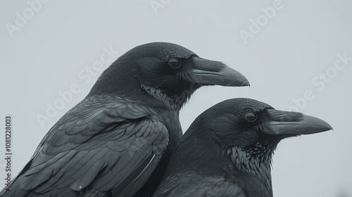 Two black ravens sitting on a branch against a white background. The ravens are looking at each other.