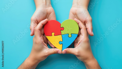 Wallpaper Mural Four hands hold a colorful heart-shaped puzzle, symbolizing the unity and diversity of people. Concept of autism rights movement. World Autism Awareness Day Torontodigital.ca