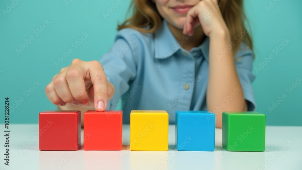 A girl's hand gently touches a row of colorful blocks, representing the diverse aspects of life with autism. Concept of autism rights movement. World Autism Awareness Day A girl's hand gently touches a row of colorful blocks, representing the diverse aspects of life with autism. Concept of autism rights movement. World Autism Awareness Day