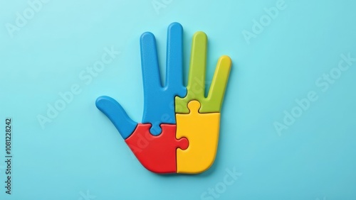 A colorful hand-shaped puzzle, made of four different pieces, symbolizes the unique and diverse experiences of people on the autism spectrum. Concept of autism rights movement. World Autism Awareness 