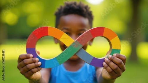Wallpaper Mural A young boy is holding up the infinity symbol painted in the colors of the autism spectrum. Concept of autism rights movement. World Autism Awareness Day Torontodigital.ca